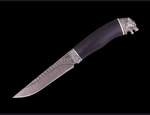 Нож Гепард (Дамаск 1200 слоев, мореный граб, литье мельхиор, долы камень)