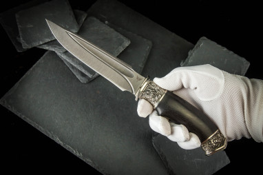 Нож Хищник <span class='product-card--title--span'>(Дамаск 1200 слоев, мореный граб,долы камень , литье мельхиор №2 )</span>