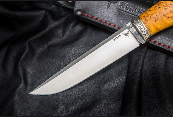 Нож Шерхан <span>(х12мф ,стабилизированная карельская берёза, литьё мельхиор)</span>