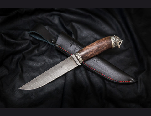 Нож Шаман ( дамаск 1200 слоев, стабилизированная карельская береза,литье мельхиор)