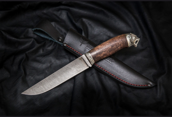 Нож Шаман <span>( дамаск 1200 слоев, стабилизированная карельская береза,литье мельхиор)</span>