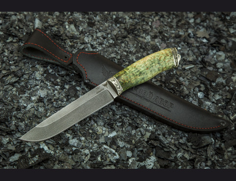 Нож Охотник (ХВ5-АЛМАЗКА,стабилизированная карельская береза,литье мельхиор)