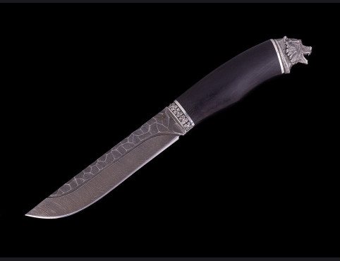 Нож Рейнджер (Дамаск 1200 слоев, мореный граб, литье мельхиор) долы камень