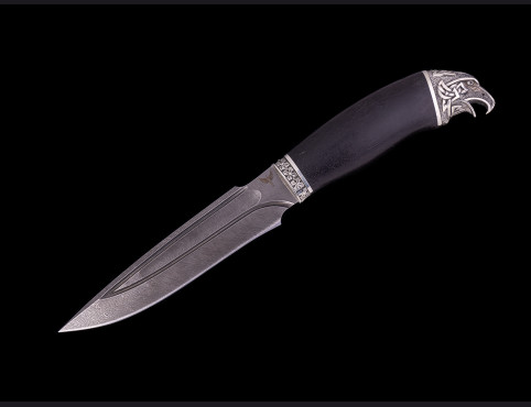 Нож Хищник (Дамаск 1200 слоев, мореный граб, литье мельхиор, долы камень)