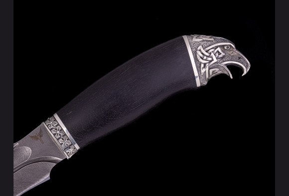 Нож Хищник <span>(Дамаск 1200 слоев, мореный граб, литье мельхиор, долы камень)</span>