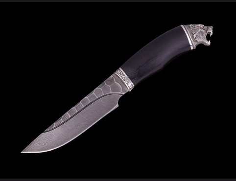 Нож Гюрза (Дамаск 1200 слоев, мореный граб, литье мельхиор) долы камень