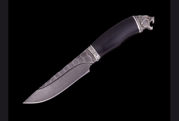 Нож Гюрза <span>(Дамаск 1200 слоев, мореный граб, литье мельхиор)</span> долы камень